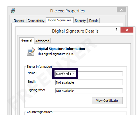 Screenshot of the Sanford LP certificate